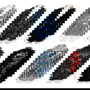 THREE MEN'S SUIT JACKETS: THREE MEN'S SUIT JACKETS Comprising a Legend example with faux red dragon scale lapels and cut out inlay dragon on the back, a Logan Riese example with blue roses design, and a silver and black exampl