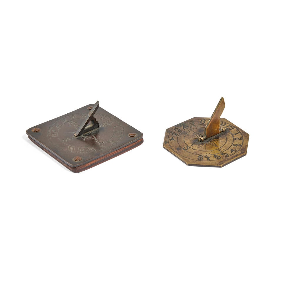 Two small pocket sundials, 19th century, (2): Two small pocket sundials, 19th century, one square brass dial with fixed gnomon, the other octagonal bras dial with hinged gnomon, the larger 5cm (2in) square (2) For further information on this lot