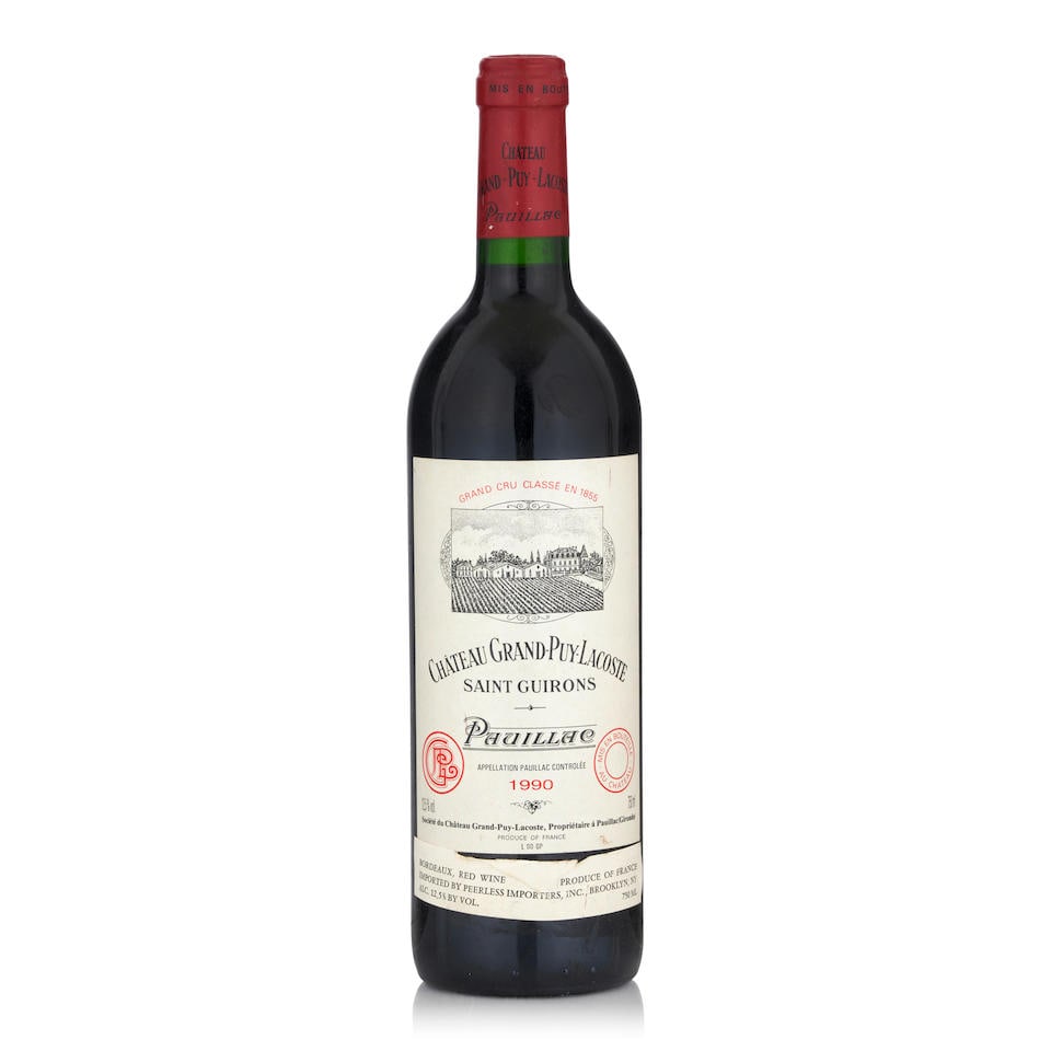Chateau Grand Puy Lacoste, 1990 (1 bottle, 750ml): Chateau Grand Puy Lacoste, 1990 (1 bottle, 750ml) Region: Pauillac Fill Level: into neck Capsule: lightly worn Label: lightly bin marked Footnotes: Bordeaux, Left Bank This lot is subject to the follo