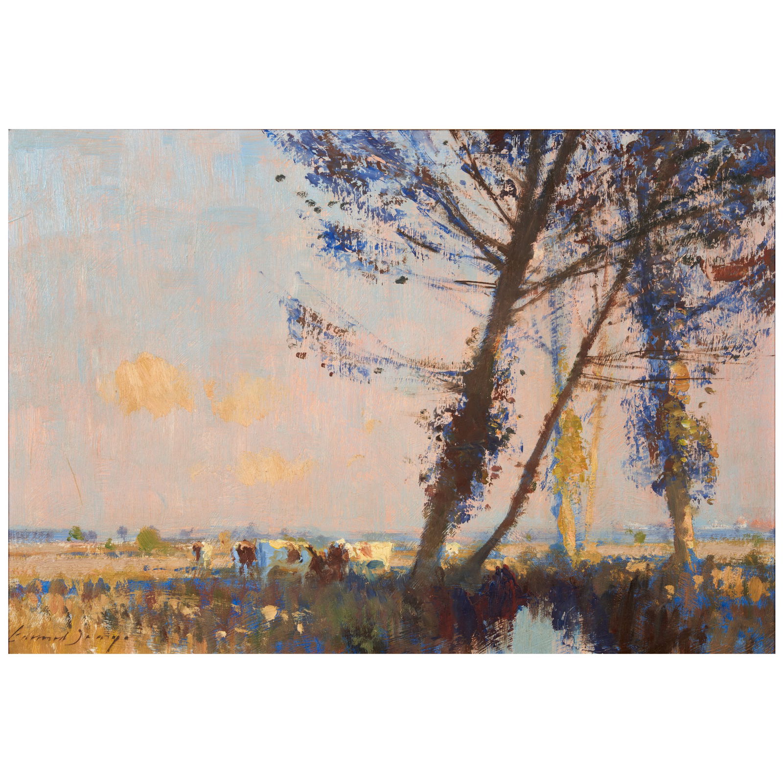 Edward Seago, RWS, RBA (British, 1910-1974) St. Benet's Marsh, Evening (framed 45.8 x 61.0 x 3.5...: Edward Seago, RWS, RBA (British, 1910-1974) St. Benet's Marsh, Evening signed 'Edward Seago' (lower left) inscribed 'St. Benet's Marsh, Evening / (Sketch)' (on the reverse) oil on board 35.0 x 50.5 c