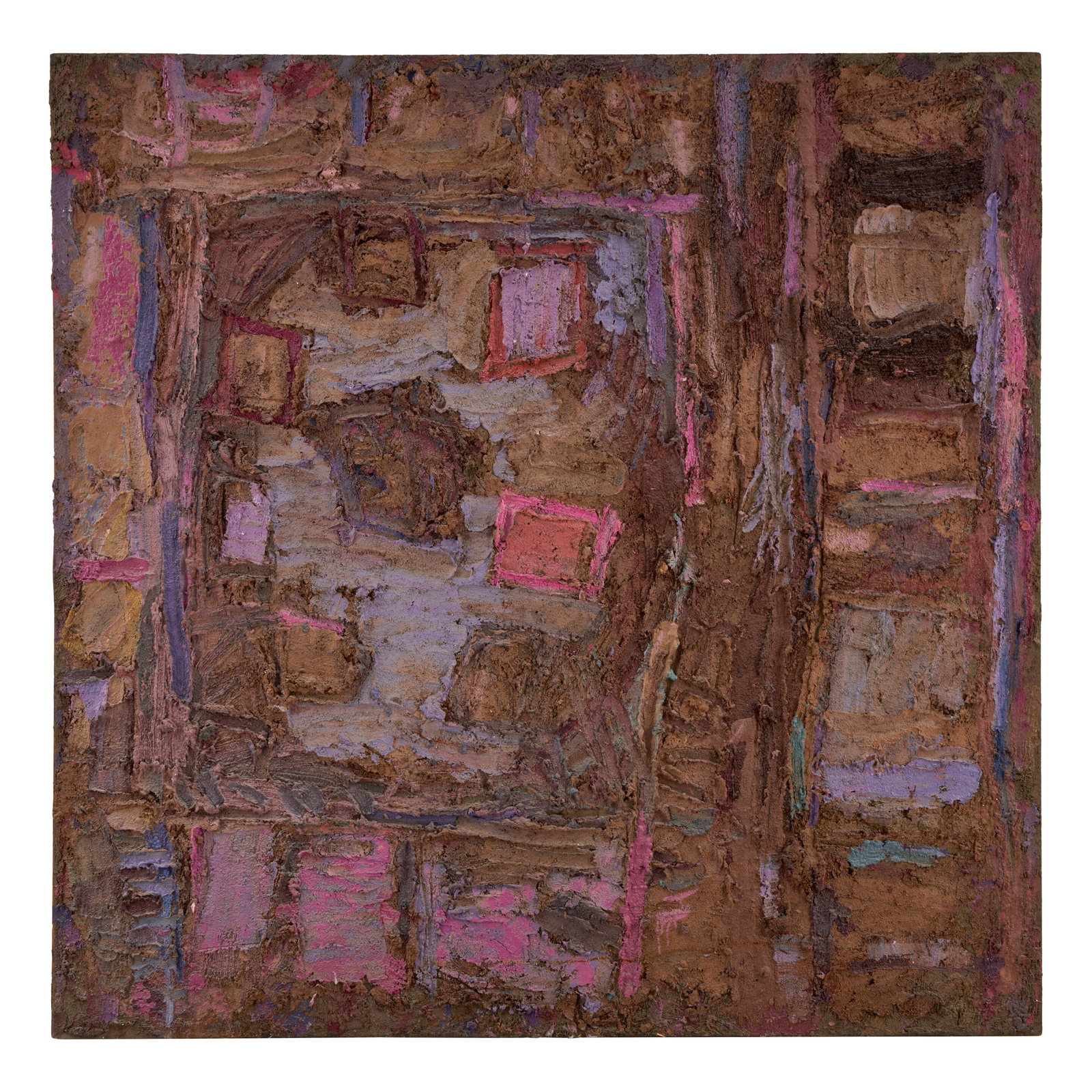 Jay Milder (American, born 1934) Pink and Periwinkle Abstract: Jay Milder (American, born 1934) Pink and Periwinkle Abstract unsigned mixed media on canvas 182.9 x 182.9 x 2.5 cm (72 x 72 x 1 in). unframed Footnotes: Provenance A private New Hampshire collection.