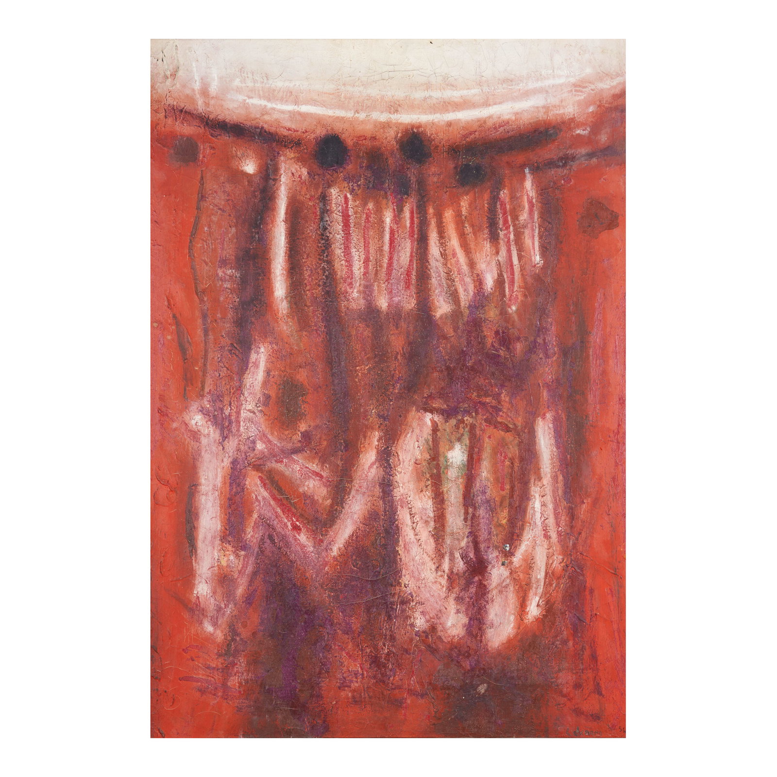 Lawrence Calcagno (American, 1916-1993) Earth Legend #4 (framed 86.3 x 63.5 x 3.2 cm (34 x 25 x ...: Lawrence Calcagno (American, 1916-1993) Earth Legend #4 signed and dated 'Calcagno 56' (lower right); signed and dated 'Calcagno 1956' (on the reverse); with a typed label (affixed to the stretcher) o