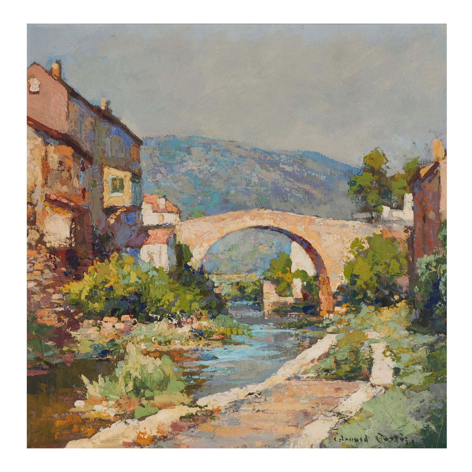 Edouard Léon Cortès (French, 1882-1969) Pont sur le Dourbie (Aveyron), ca. 1920-30: Edouard Léon Cortès (French, 1882-1969) Pont sur le Dourbie (Aveyron), ca. 1920-30 signed 'Edouard Cortès.' (lower right); titled in blue pencil (on the reverse) oil and tempera on pane