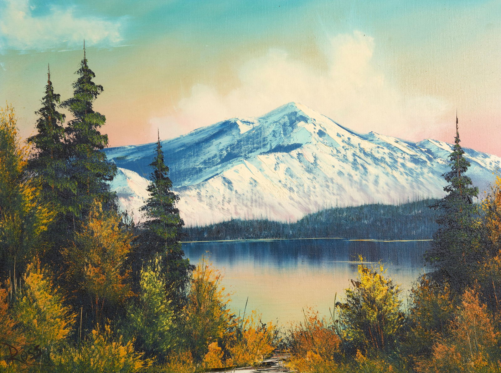 Bob Ross (American, 1942-1995) An Alpine Lake Under Pink and Blue Skies (framed 64.5 x 79.7 x 3....: Bob Ross (American, 1942-1995) An Alpine Lake Under Pink and Blue Skies signed and dated 'Ross / 81' (lower left) oil on canvas 61.0 x 45.7 cm (24 x 18 in). framed 64.5 x 79.7 x 3.2 cm (25 3/8 x 31 3