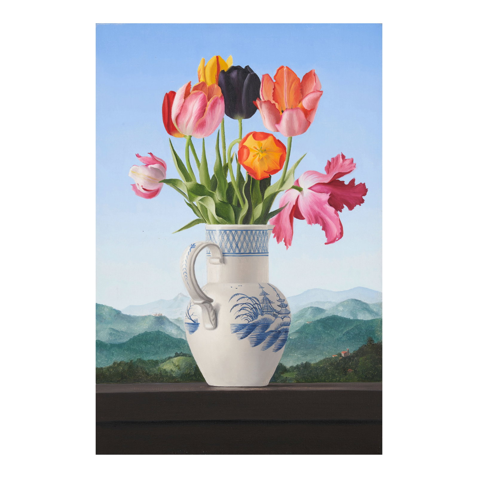 James Aponovich (American, born 1948) Leeds Pitcher with Tulips, 1996 (framed 49.2 x 33.9 x 3.8 ...: James Aponovich (American, born 1948) Leeds Pitcher with Tulips, 1996 unsigned; with a label from Tatistcheff and Company, Inc., New York, NY (affixed to the frame) oil on canvas 45.7 x 30.5 cm (18 x