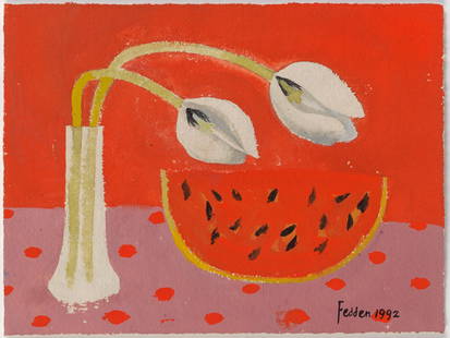 Mary Fedden R.A. (British, 1915-2012) Tulips and Melon: Mary Fedden R.A. (British, 1915-2012) Tulips and Melon signed and dated 'Fedden 1992' (lower right) gouache, watercolour and pencil on paper 14 x 18.5cm (5 1/2 x 7 5/16in). Footnotes: Pro