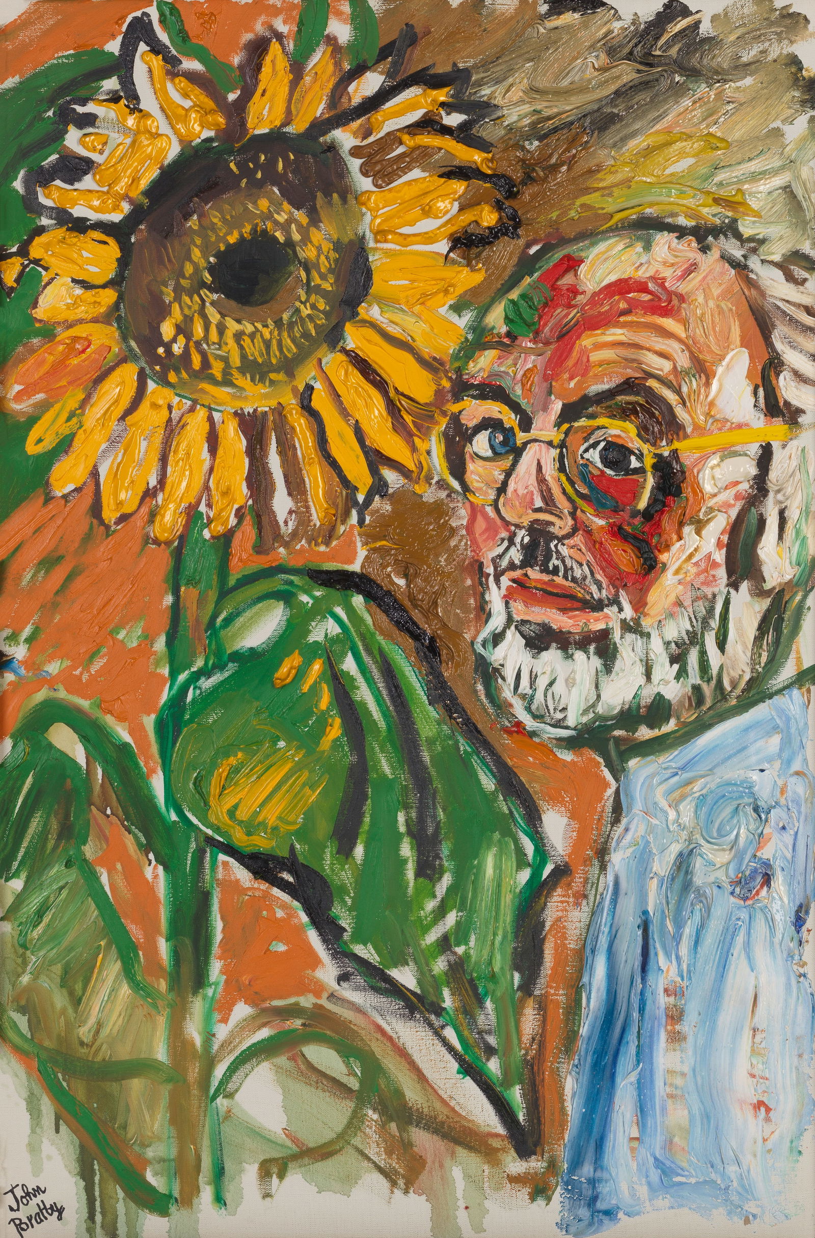 John Bratby R.A. (British, 1928-1992) Self Portrait with Sunflower: John Bratby R.A. (British, 1928-1992) Self Portrait with Sunflower signed 'John/Bratby' (lower left) oil on canvas 76 x 50.5cm (29 15/16 x 19 7/8in). Footnotes: Provenance Sale;