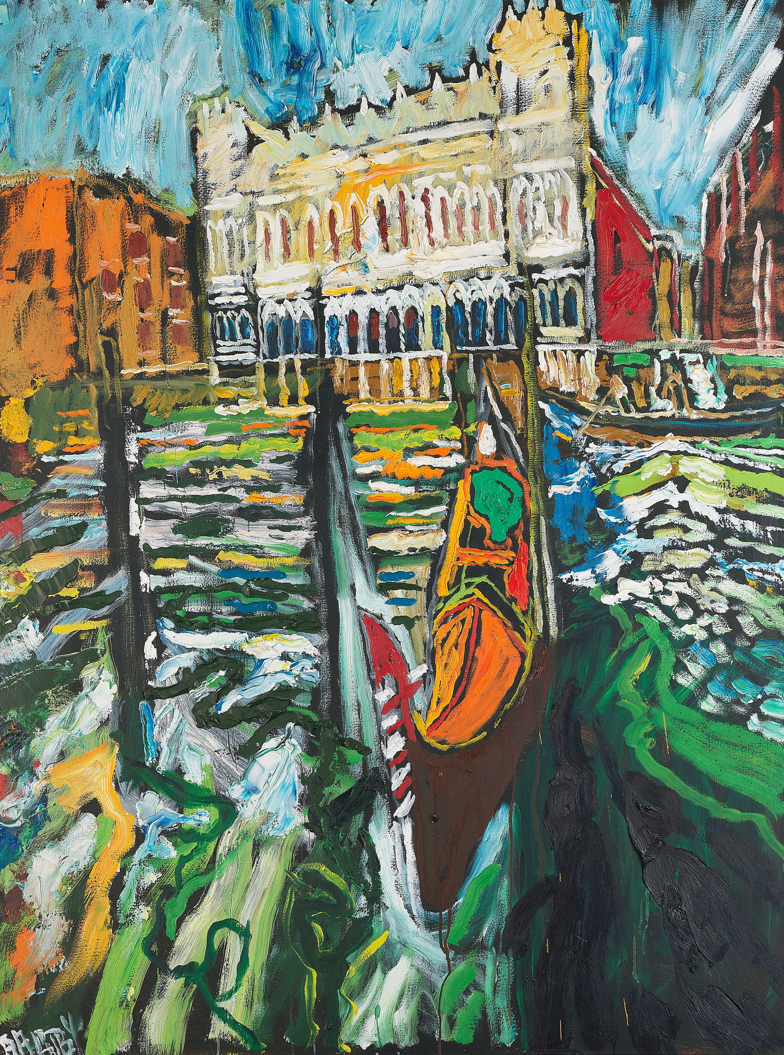 John Bratby R.A. (British, 1928-1992) Venice with Gondola: John Bratby R.A. (British, 1928-1992) Venice with Gondola signed 'BRATBY' (lower left) oil on canvas 120 x 90cm (47 1/4 x 35 7/16in). This lot is subject to the following lot symbols: AR &