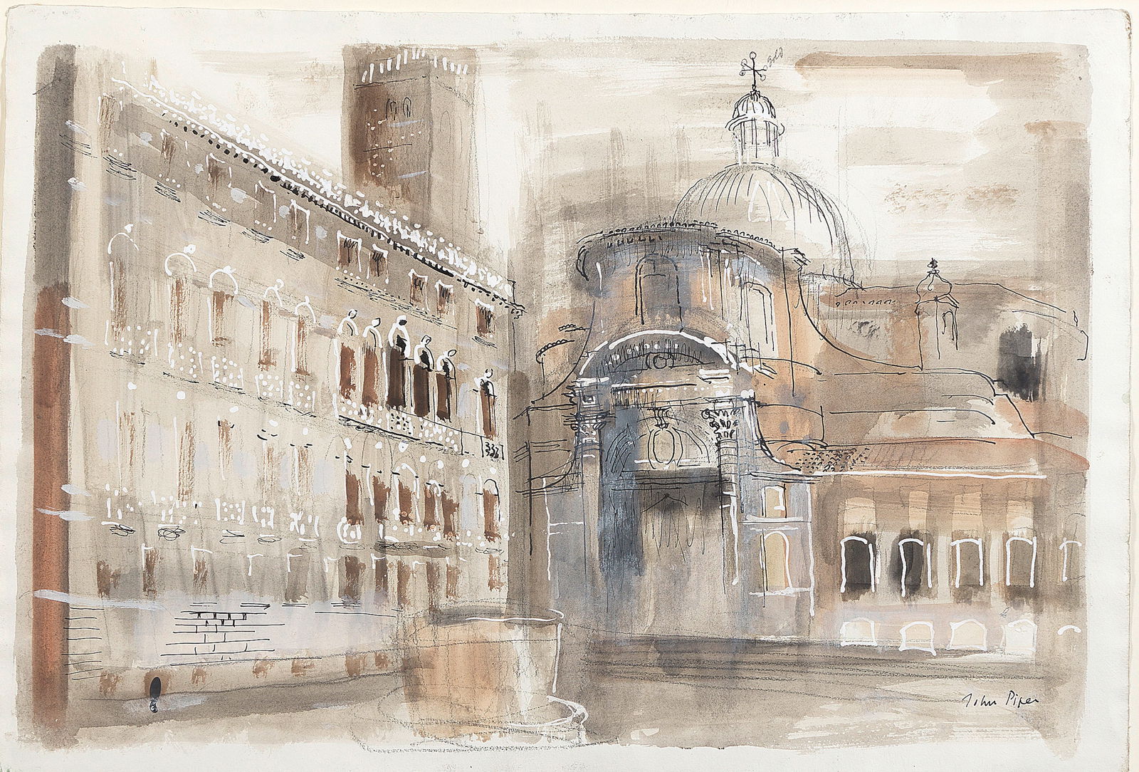 John Piper C.H. (British, 1903-1992) San Geremia and the Palazzo Labia: John Piper C.H. (British, 1903-1992) San Geremia and the Palazzo Labia signed 'John Piper' (lower right) pen and ink, ink, watercolour, gouache, pencil and chalk on paper 39 x 58cm (15 3/8 x 22 13/16i