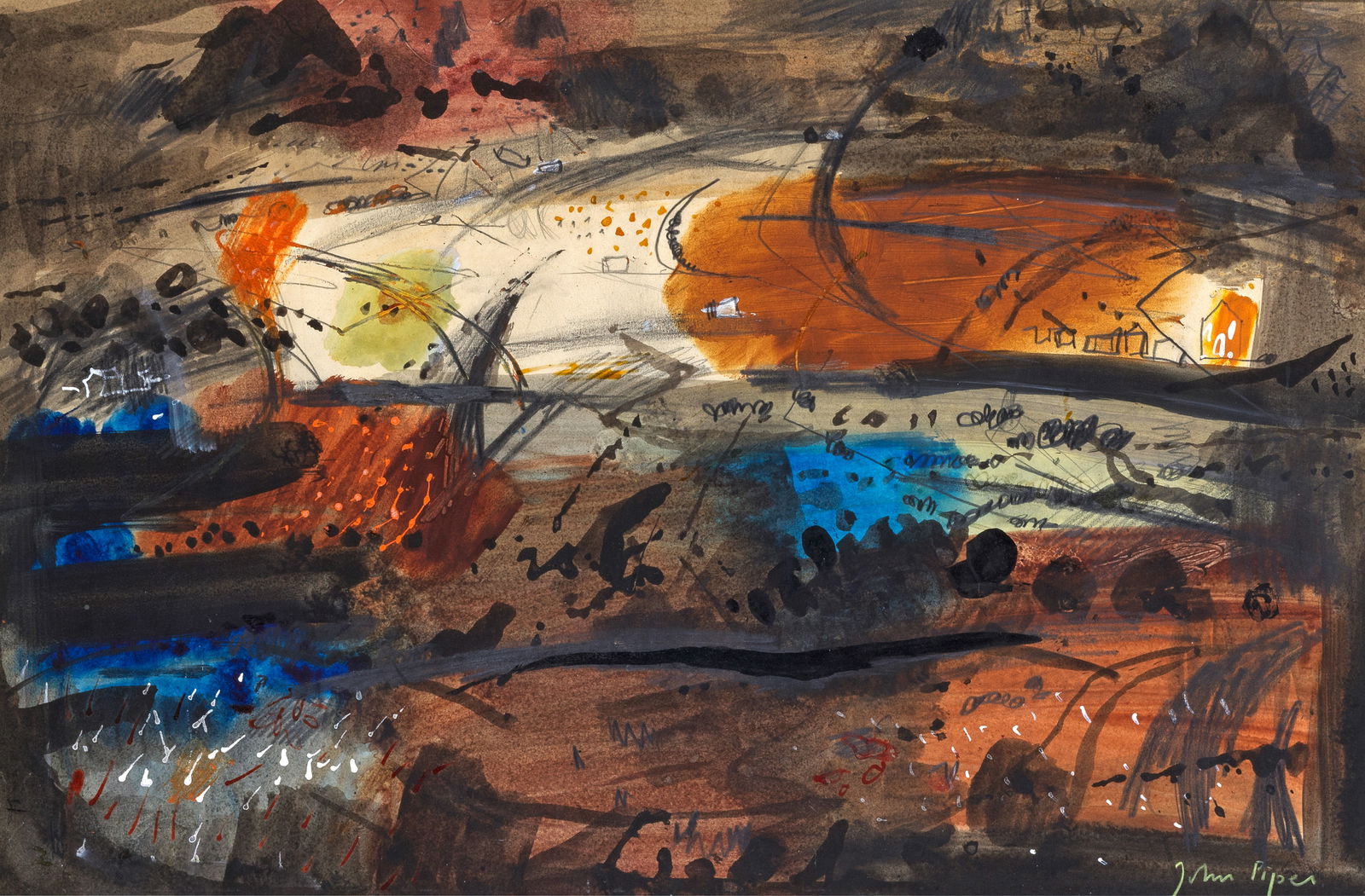 John Piper C.H. (British, 1903-1992) Pembrokeshire Harvest: John Piper C.H. (British, 1903-1992) Pembrokeshire Harvest signed 'John Piper' (lower right); titled 'Pembrokeshire Harvest' (on sheet verso) watercolour, ink, gouache and pencil on paper 34 x 51cm (1