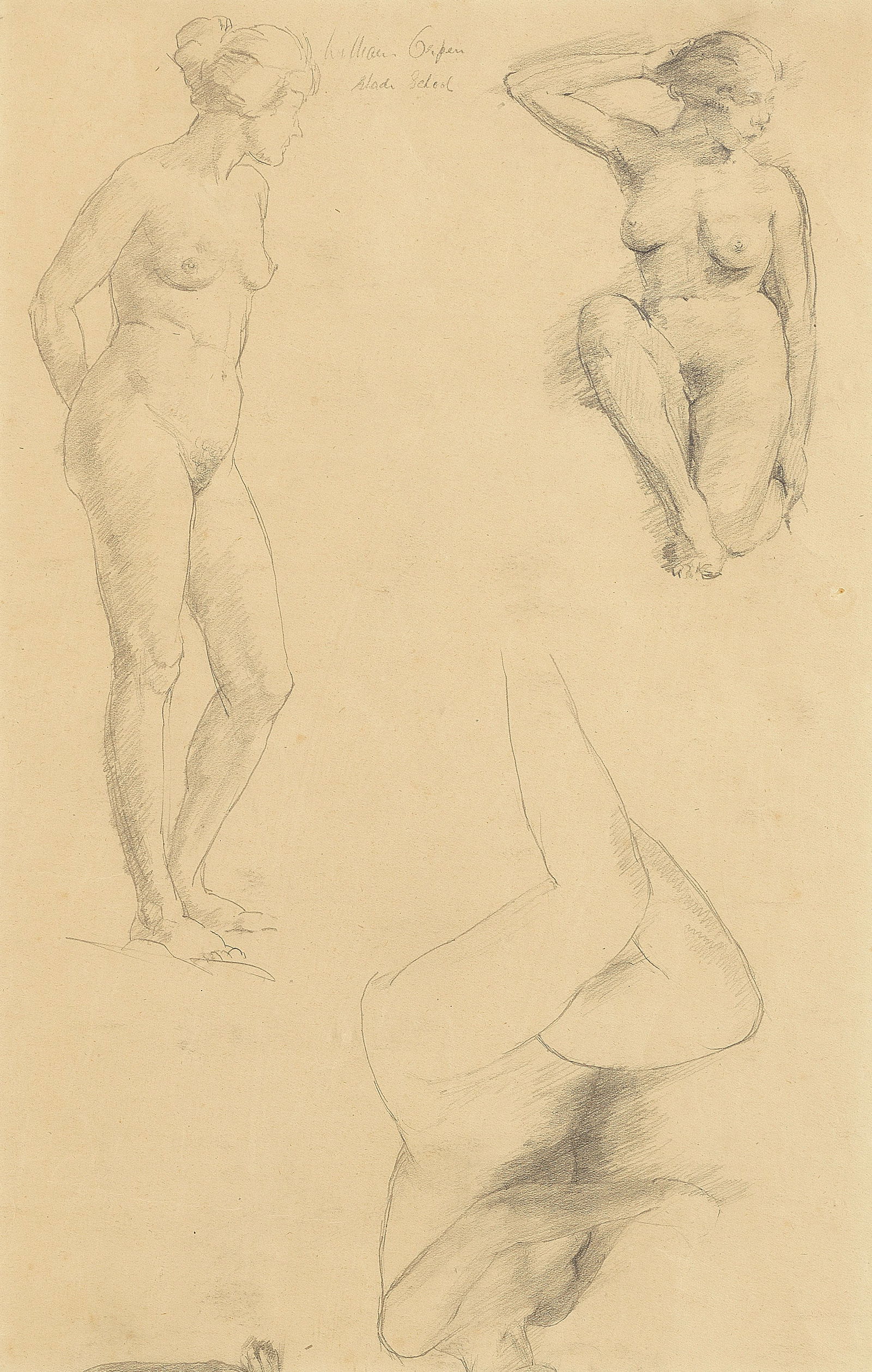 Sir William Orpen N.E.A.C., R.A., H.R.H.A. (Irish, 1878-1931) Studies of a Female Nude (with fur...: Sir William Orpen N.E.A.C., R.A., H.R.H.A. (Irish, 1878-1931) Studies of a Female Nude signed and inscribed 'William Orpen/Slade School' (upper centre); further signed and inscribed 'William Orpen/Sla