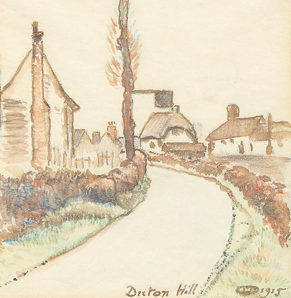 Lucien Pissarro (British, 1863-1944) Duton Hill: Lucien Pissarro (British, 1863-1944) Duton Hill signed with monogram, titled and dated 'Duton Hill 1915' (lower right) watercolour, coloured pencil and pencil on paper 12 x 11cm (4 3/4 x 4 5/16in).