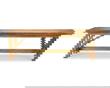 A large pitched pine refectory tableIn the 18th century style, acquired for Season 5 onwards for...: A large pitched pine refectory table In the 18th century style, acquired for Season 5 onwards for the Servant's Hall The rectangular plank top above chamfered square section legs, united by an H-stret