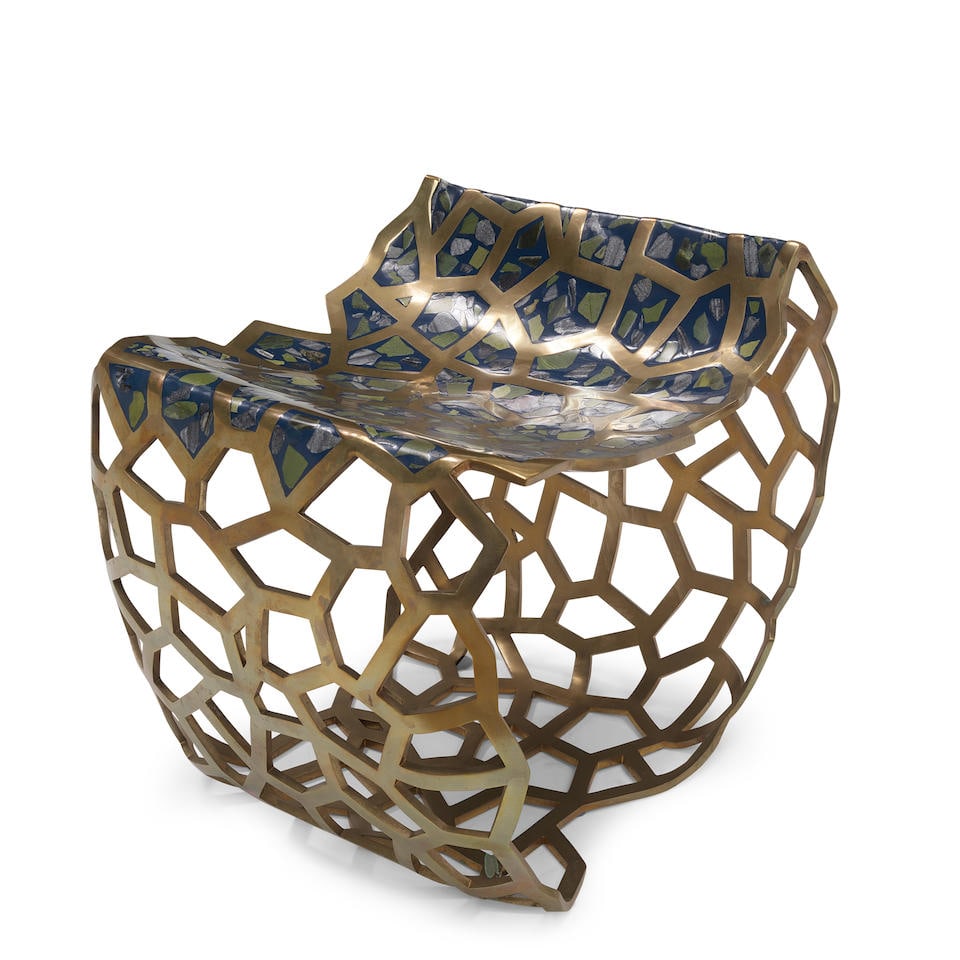 DAVID WISEMAN (BORN 1981) Lattice Terrazzo Stool2019bronze, terrazzo with jade and granite, from...: DAVID WISEMAN (BORN 1981) Lattice Terrazzo Stool 2019 bronze, terrazzo with jade and granite, from the edition of 24 + 4 AP height 19 3/4in (50.5cm); width 18in (46cm); depth 18 3/4in (47.5cm) Footnot