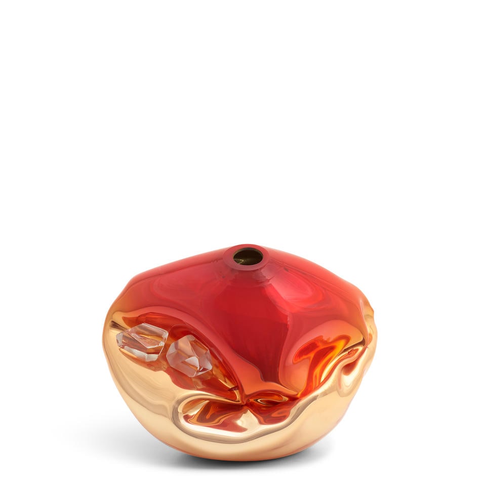 JEFF ZIMMERMAN (BORN 1968) Unique Crumpled Sculptural Vessel2014silver-mirrorized translucent ha...: JEFF ZIMMERMAN (BORN 1968) Unique Crumpled Sculptural Vessel 2014 silver-mirrorized translucent hand-blown glass with red colored top and glass crystals height 10in (25.4cm); width 14in (36cm); depth