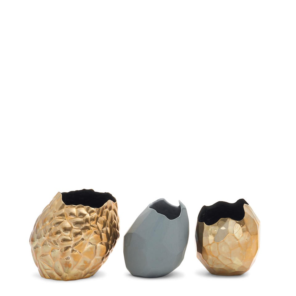 DAVID WISEMAN (BORN 1981) Two Faceted Vases and One Tufted Vase (Three Total Works)2004porcelain...: DAVID WISEMAN (BORN 1981) Two Faceted Vases and One Tufted Vase (Three Total Works) 2004 porcelain, bronze, the porcelain vase signed and dated 'David Wiseman 2004', the bronze vases stamped with arti