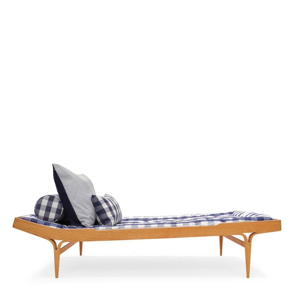 BRUNO MATHSSON (1907-1988) Daybed 1968for Firma Karl Mathsson, bent birch plywood, with later H&...: BRUNO MATHSSON (1907-1988) Daybed 1968 for Firma Karl Mathsson, bent birch plywood, with later Hästens cushion and bolster, daybed frame stamped with Karl Mathsson mark and dated '1968' height of