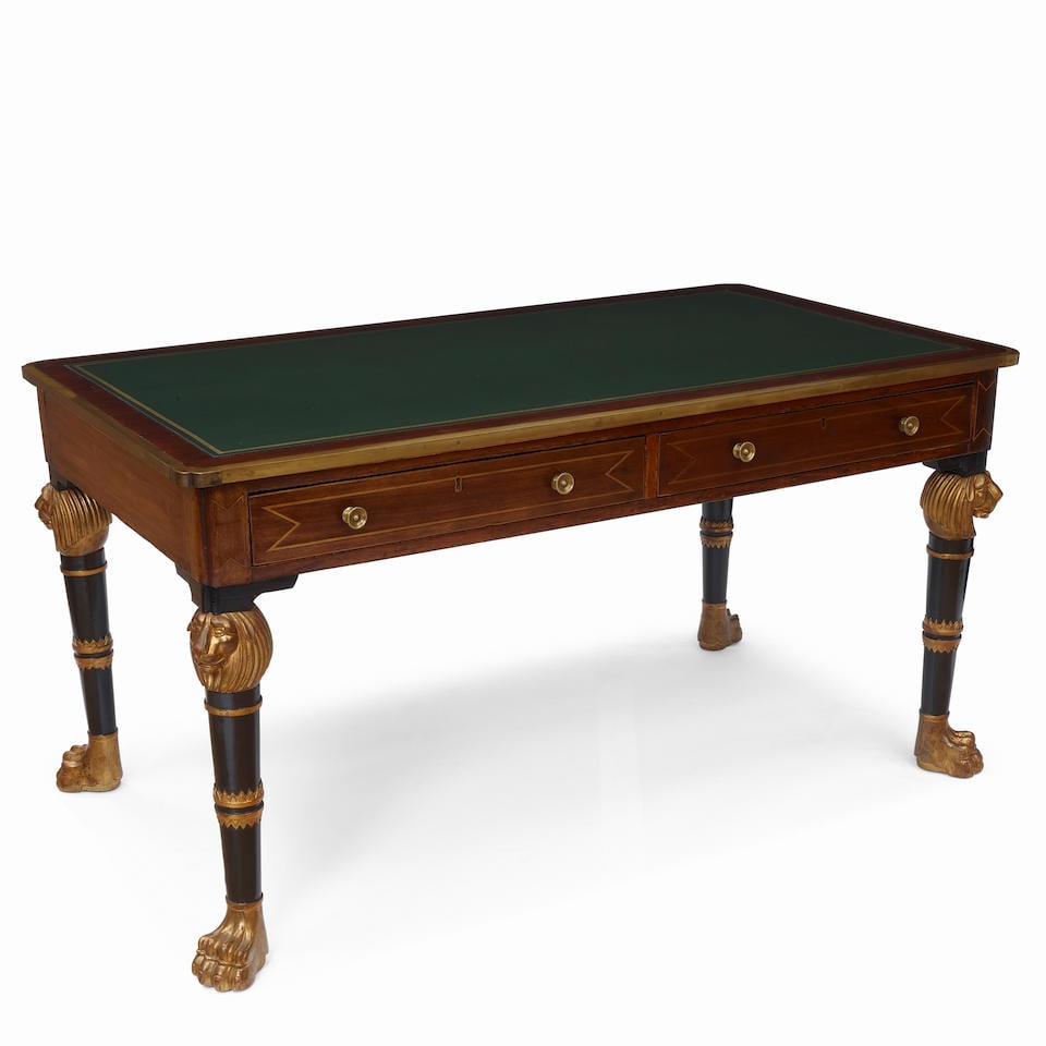 A WILLIAM IV LEATHER INSET PART EBONIZED PARCEL GILT METAL INLAID MAHOGANY WRITING DESKWith late... (1 of 4)
