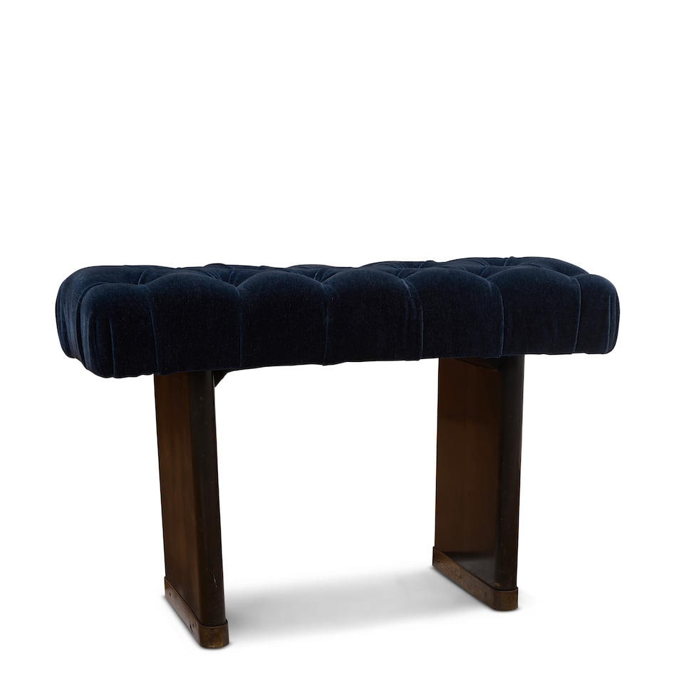 ERNST KÜHN (1890-1948) Tabouretcirca 1920brass, stained oak, velvetheight 19 1/2in (49.5cm)...: ERNST KÜHN (1890-1948) Tabouret circa 1920 brass, stained oak, velvet height 19 1/2in (49.5cm); width 29 3/4in (75.5cm); depth 13in (33cm) Footnotes: Provenance Lief Gallery, Los Angeles Literatu