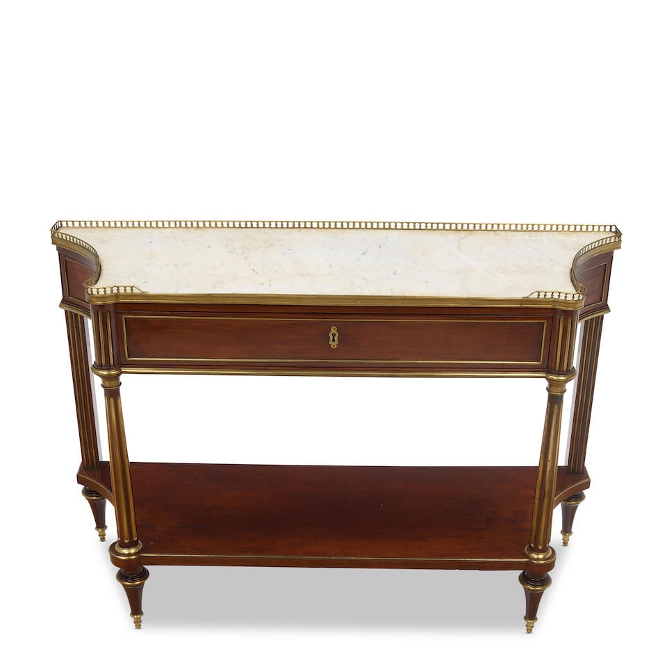 A LOUIS XVI STYLE MARBLE INSET GILT BRONZE MOUNTED MAHOGANY CONSOLE DESSERTE19th century (1 of 3)