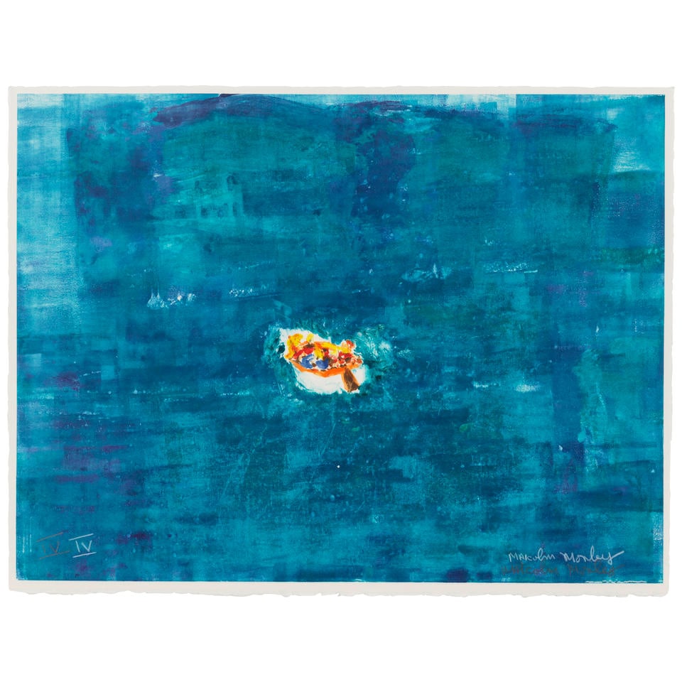 MALCOLM MORLEY (1931-2018); Lifeboat IV;: MALCOLM MORLEY (1931-2018) Lifeboat IV, 2009 Unique monoprint in colors on Saunders Waterford paper, signed in pencil and white pencil, annotated twice 'IV', with full margins, framed. 18 x 24 in (45.