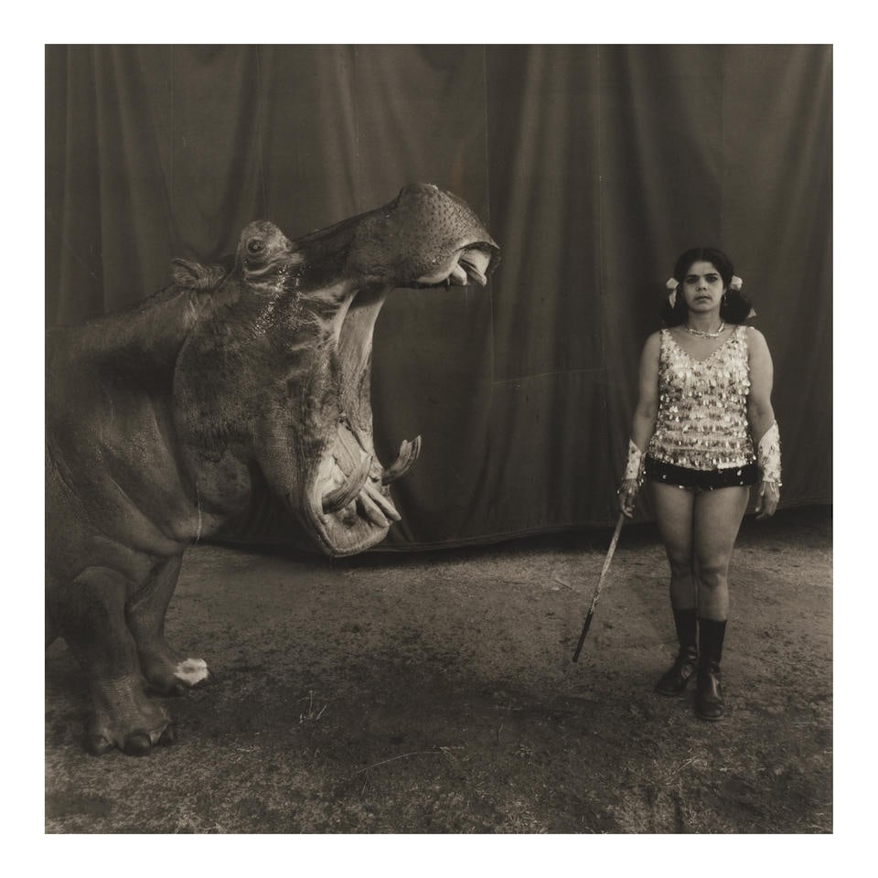 MARY ELLEN MARK (1940-2015); 'Hippopotamus + Performer - The Great Rayman Circus - Madras India';: MARY ELLEN MARK (1940-2015) 'Hippopotamus + Performer - The Great Rayman Circus - Madras India', 1989 Platinum print, printed later; signed, titled, dated, and editioned '7/25' in pencil on the revers