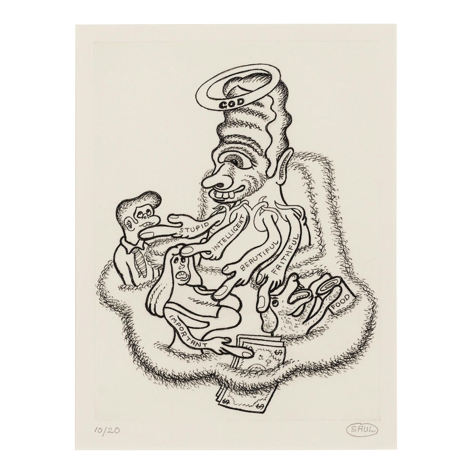 PETER SAUL (B. 1934); Untitled;: PETER SAUL (B. 1934) Untitled, 2006 Etching on chine collé with wove support, signed in pencil and numbered 10/20, with the blindstamp of the printer, Flatbed Press, Austin, Texas, with full marg