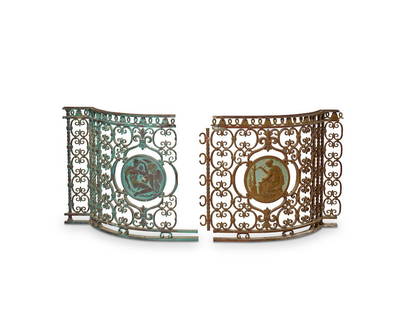 A PAIR OF PAINTED CAST IRON GATES: A PAIR OF PAINTED CAST IRON GATES height 29 in (74 cm), width 31 in (79 cm) Footnotes: Condition reports are not provided in catalog descriptions. The absence of a condition report does not guarantee