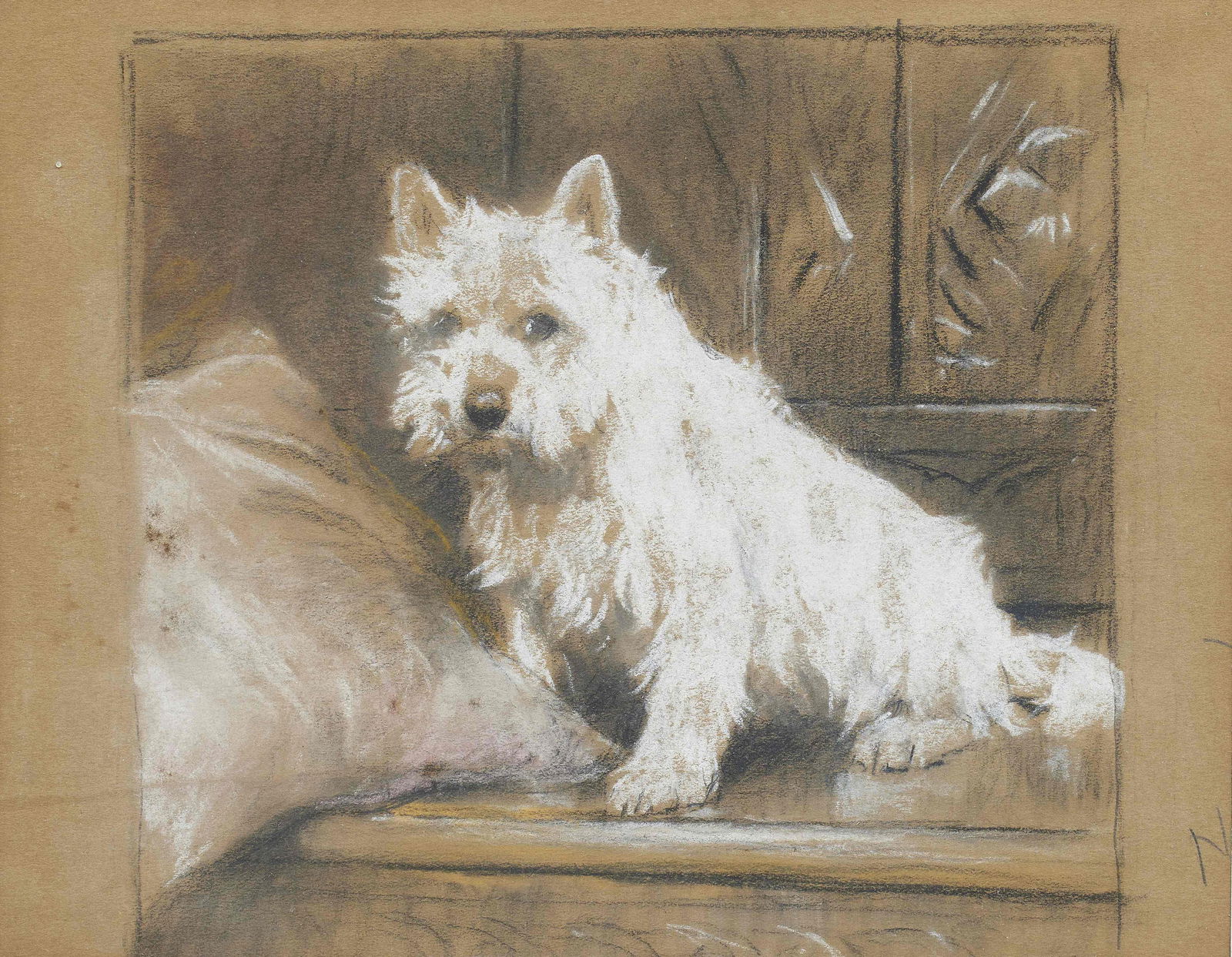 Arthur Wardle RI (British, 1864-1949) A West Highland Terrier seated on a carved bench image 18....: Arthur Wardle RI (British, 1864-1949) A West Highland Terrier seated on a carved bench pastel image 18.5 x 19cm (7 5/16 x 7 1/2in). Footnotes: Provenance The artist's studio; thence by descent. Privat