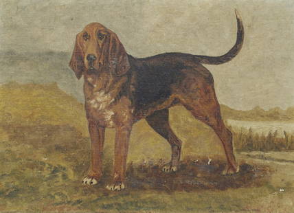 English School, Late 19th/early 20th Century A bloodhound with landscape beyond: English School, Late 19th/early 20th Century A bloodhound with landscape beyond monogram appears to read 'ER' (lower left) oil on canvas board 25 x 34.5cm (9 13/16 x 13 9/16in).