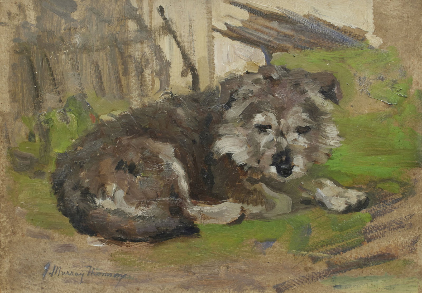 John Murray Thomson RSA RSW PSSA (British, 1885-1974) A seated Terrier: John Murray Thomson RSA RSW PSSA (British, 1885-1974) A seated Terrier signed 'J. Murray Thomson' (lower left) and bears a further signature (lower right) oil on board 25 x 35cm (9 13/16 x 13 3/4in).
