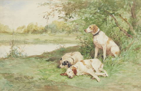 Charles Olivier de Penne (French, 1831-1897) Pointers in a landscape: Charles Olivier de Penne (French, 1831-1897) Pointers in a landscape signed 'C O.de Penne' (lower left) watercolour 26 x 39.5cm (10 1/4 x 15 9/16in).