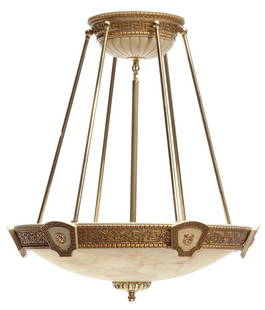A Versace design alabaster and giltwood chandelier: A Versace design alabaster and giltwood chandelier height approximately 36in; diameter 30 1/2in Lot to be sold without reserve. This lot is subject to the following lot symbols: &#164; 'Bonhams' owns