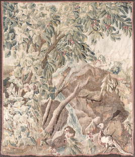 A Continental landscape tapestry fragment 17th century: A Continental landscape tapestry fragment 17th century dimensions approximately 5ft 9in x 5ft 2in (175 x 268cm) Lot to be sold without reserve. This lot is subject to the following lot symbols: W &#16