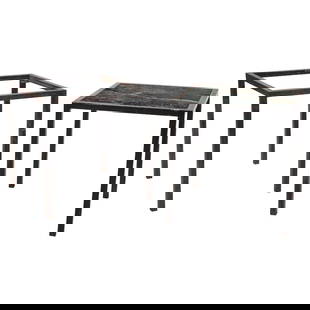WILLIAM HAINES (1900-1973) Pair of Side Tablesmid 20th centurypainted metal, hardstoneheight 20 ...: WILLIAM HAINES (1900-1973) Pair of Side Tables mid 20th century painted metal, hardstone height 20 1/4in (51.4cm); width 20in (50.8cm); depth 20in (50.8cm) Lot to be sold without reserve. This lot is