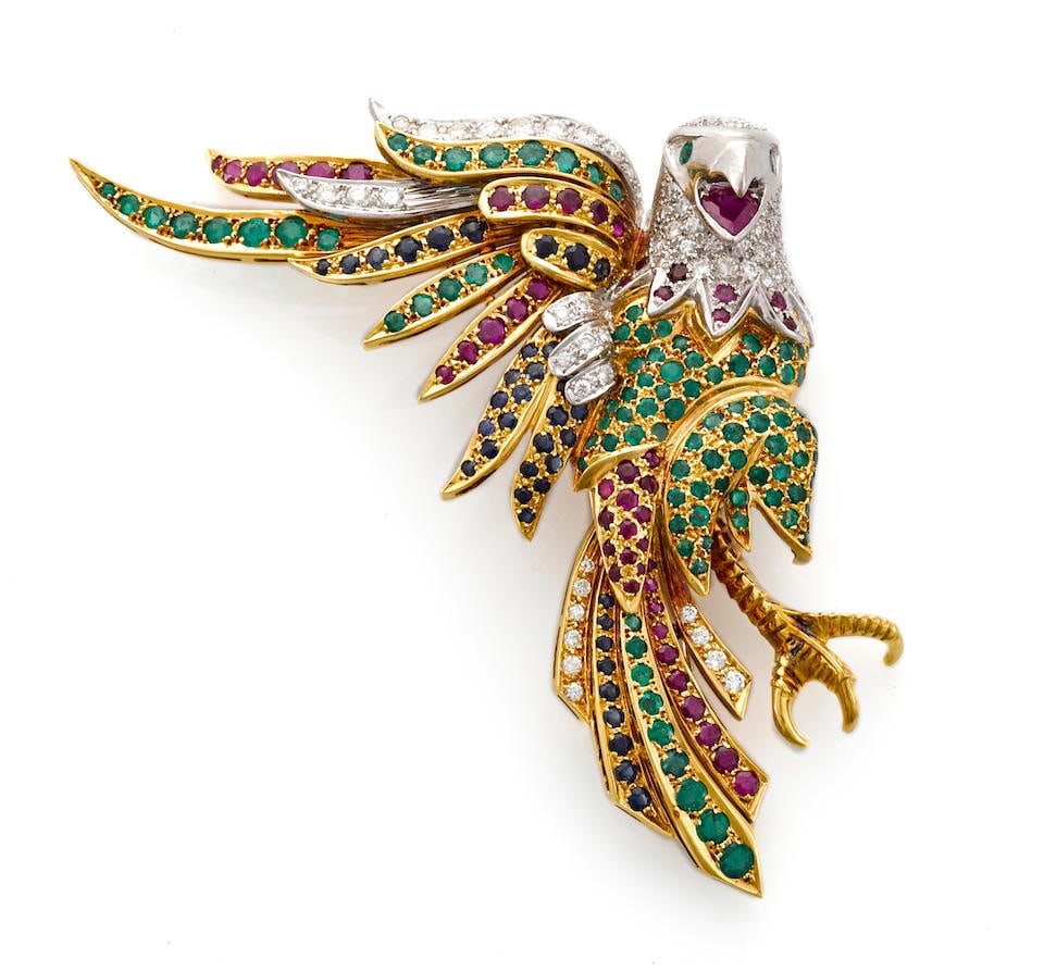 18K BI-COLOR GOLD, GEM-SET AND DIAMOND BALD EAGLE BROOCH (1 of 1)