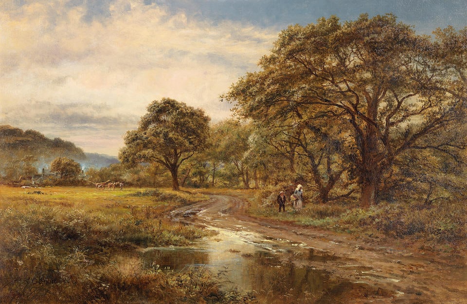 Robert Gallon (British, 1845-1925) The homeward trek: Robert Gallon (British, 1845-1925) The homeward trek signed 'R.Gallon' (lower left) oil on canvas 52 x 72cm (20 1/2 x 28 3/8in). Footnotes: Provenance With Haynes Fine Art, Broadway, no. 7142. Private