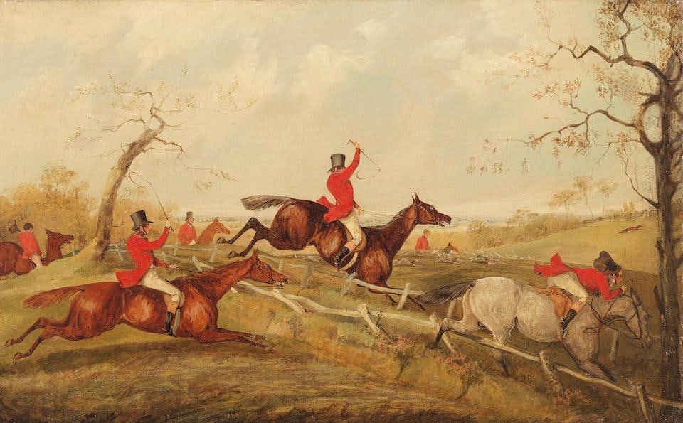 Henry Thomas Alken (British, 1785-1851) Over the fence; The chase; The kill: Henry Thomas Alken (British, 1785-1851) Over the fence; The chase; The kill three, oil on canvas each 41 x 68.5cm (16 1/8 x 26 15/16in). (3) For further information on this lot please visit Bonhams.co