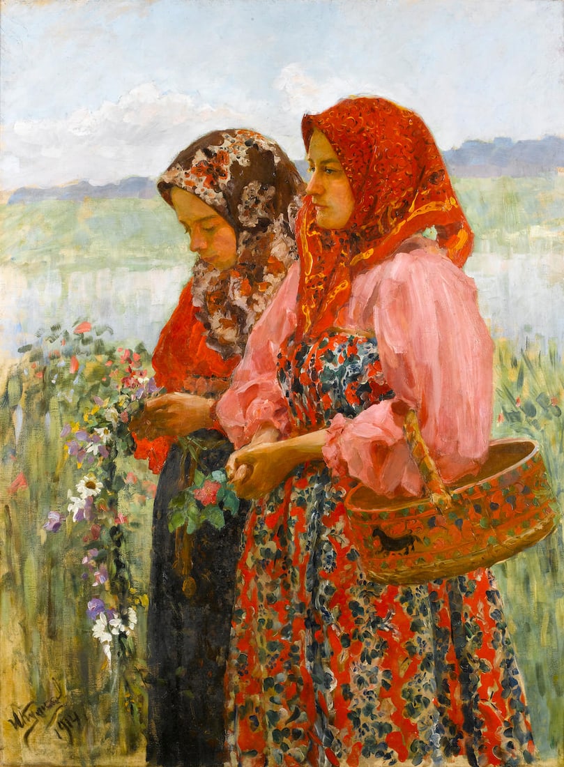Ivan Semionovich Kulikov (Russian, 1875-1941) Two young girls gathering flowers (1 of 3)
