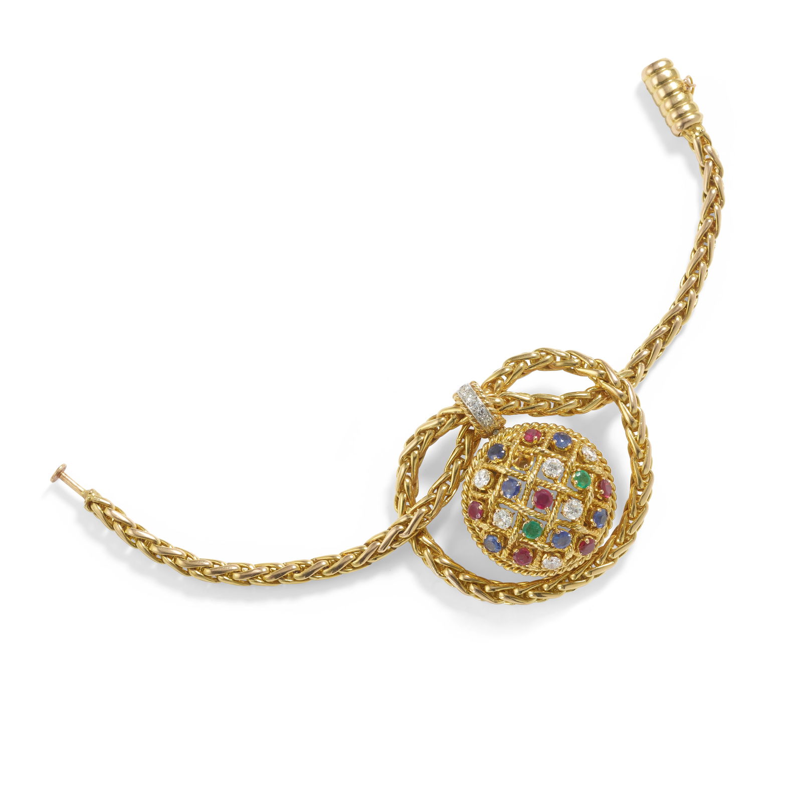 MELLERIO FOR ULYSSE NARDIN: AN 18K GOLD, GEM-SET AND DIAMOND SURPRISE WATCH, CIRCA 1975: MELLERIO FOR ULYSSE NARDIN: AN 18K GOLD, GEM-SET AND DIAMOND SURPRISE WATCH, CIRCA 1975 Designed with a cover set with old European-cut and single diamonds, round rubies, emeralds and sapphires, manua