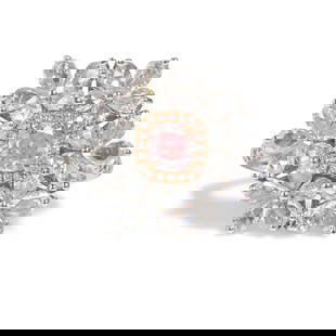 AN 18K BI-COLOR GOLD, VERY LIGHT PINK DIAMOND AND DIAMOND RING: AN 18K BI-COLOR GOLD, VERY LIGHT PINK DIAMOND AND DIAMOND RING Centering a cushion modified brilliant-cut Very Light Pink diamond, weighing 0.51 carat, in a surround of round colored diamonds set in r