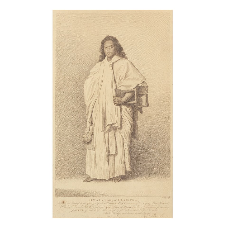 Francesco Bartolozzi (Italian, 1727-1815) Omai, a Native of Ulaietea, after Nathaniel Dance stip...: Francesco Bartolozzi (Italian, 1727-1815) Omai, a Native of Ulaietea, after Nathaniel Dance stipple engraving, dedicated to Lord Sandwich, 25 October 1774 55 x 31cm (21 5/8 x 12 3/16in). Footnotes: Pr