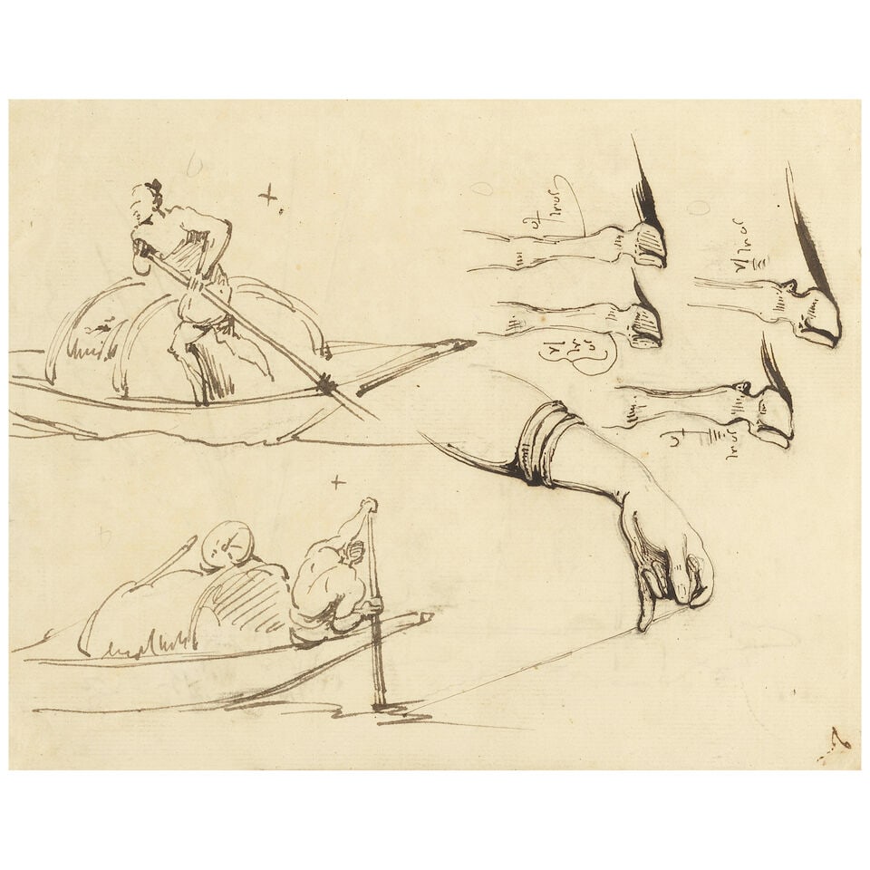 George Chinnery (London 1774-1852 Macau) Studies of boatmen steering their craft, a woman's arm,... (1 of 3)