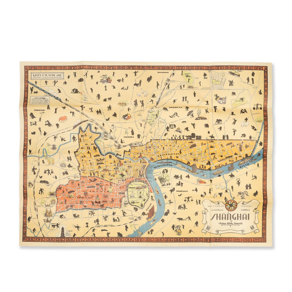 SHANGHAI - MAP SEWALL (JOHN KIRK) Shanghai, Shanghai, Kelly and Walsh, [c.1930]: SHANGHAI - MAP SEWALL (JOHN KIRK) Shanghai, colour-printed pictorial map, populated with illustrations of numerous local 'types' in silhouette, folding into publisher's pictorial paper slipcase, the