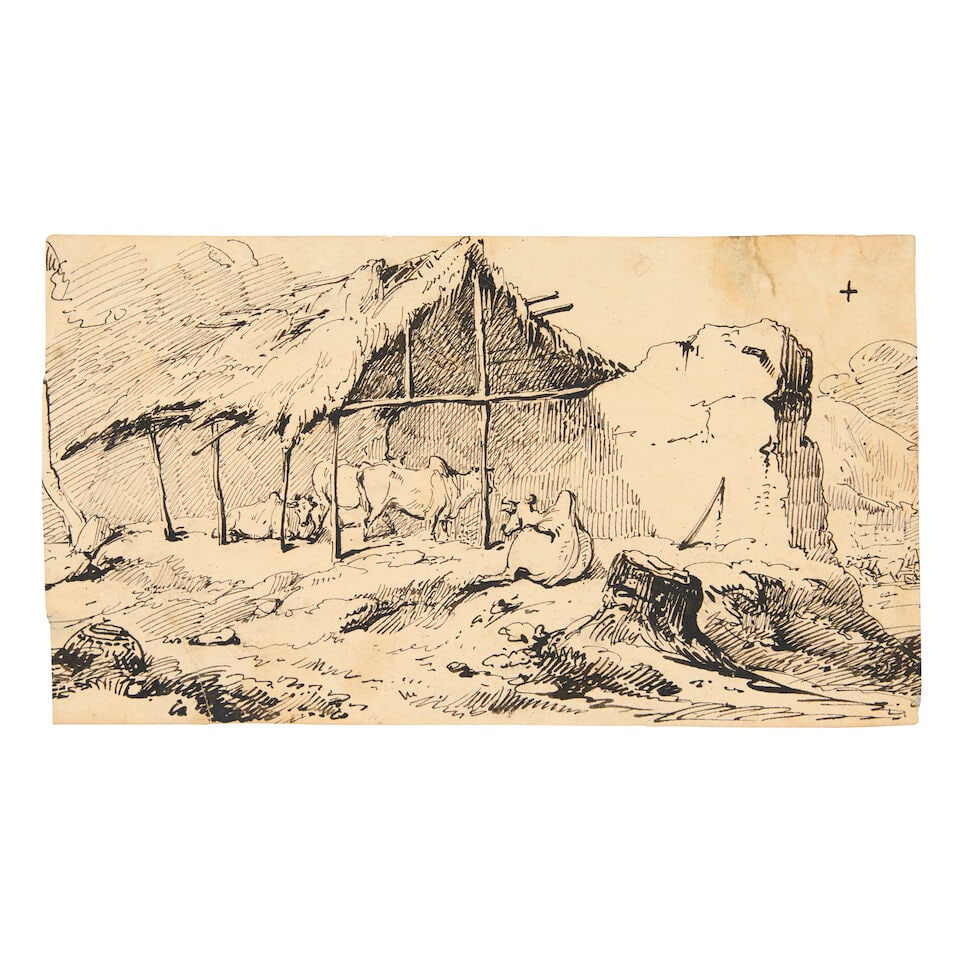 George Chinnery (London 1774-1852 Macau) Sketch of an Indian stable and cattle (1 of 2)