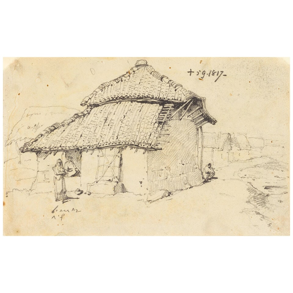 George Chinnery (London 1774-1852 Macau) Figures by a village hut, Bengal (1 of 3)
