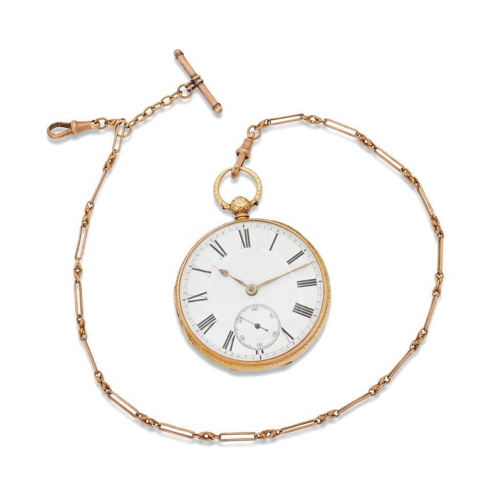 William Alexander Glasgow: A 18ct gold open faced key wind pocket watch (2): William Alexander Glasgow: A 18ct gold open faced key wind pocket watch with 9ct gold chain Movement: Full gilt plate engraved balance cock, no 10558 Dial: White, black Roman numeral hour markers, bla