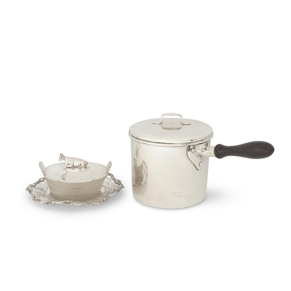 A matched Victorian silver and cut glass butter dish and a modern silver pan Charles Thomas Fox ...: A matched Victorian silver and cut glass butter dish and a modern silver pan Charles Thomas Fox & George Fox, first London 1840 and cover Sheffield 1851 In the form of a pail, with cow finial, with d