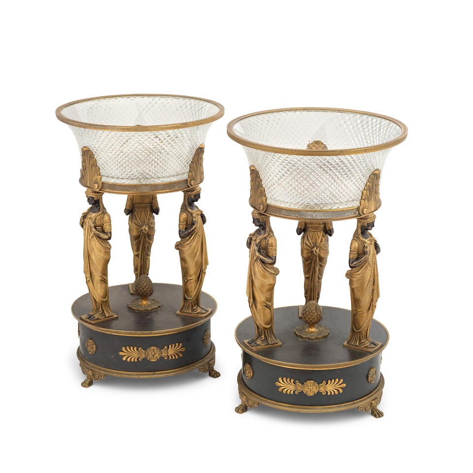 A pair of late 19th/early 20th century French gilt and patinated bronze and cut glass figural ce... (1 of 2)