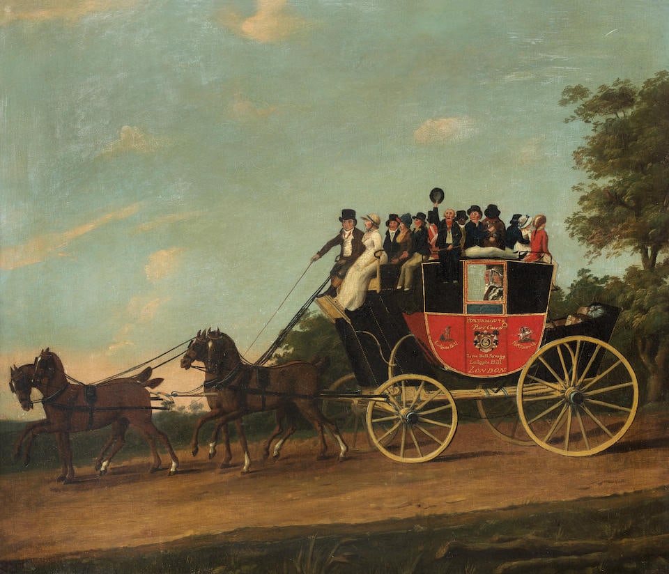 Attributed to John Cordrey (active England, circa 1765-1825) The Portsmouth to London coach (1 of 3)